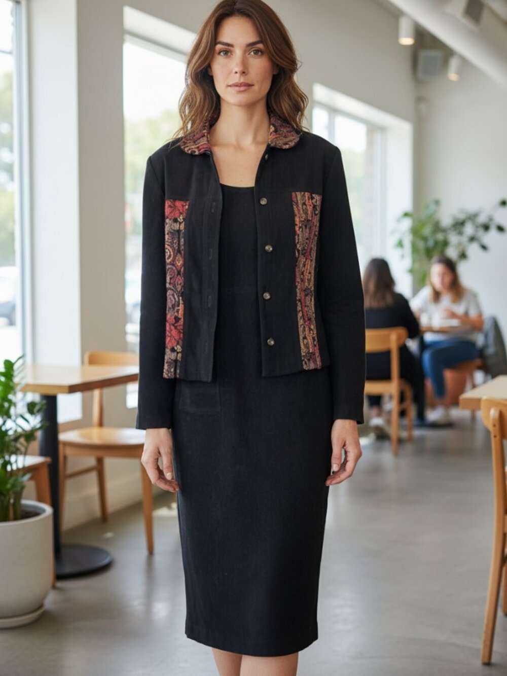 VTG Jessica Howard 2-Piece Jacket Dress Set Black‎ & Brocade/Tapestry Sz 8 #168S
